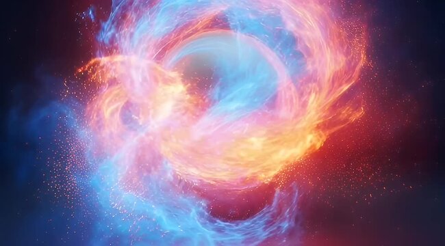 Abstract cosmic nebula with swirling blue and orange energy clouds, ethereal space background with glowing particles, cinematic galactic explosion