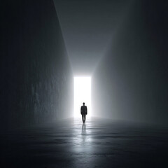 Obraz premium Rear view of a businessman walking through a modern tunnel towards a bright light, representing the journey to success and future vision.
