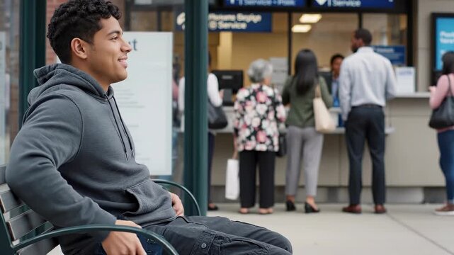 Young man in wheelchair using smartphone at transit station.