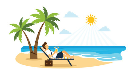 Obraz premium Professional businessman wearing a suit relaxes on a beach lounge chair under palm trees while enjoying a tropical vacation.