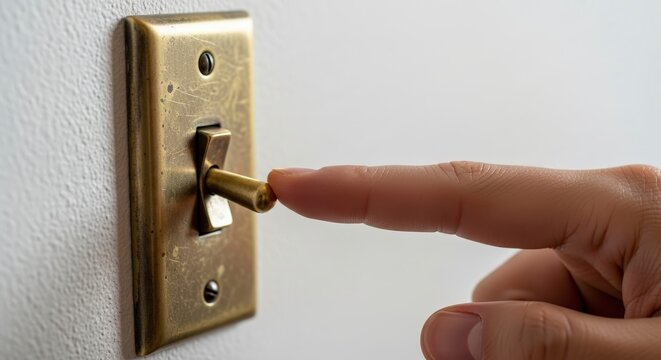 Hand turning light switch on wall.