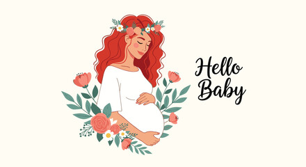 Fototapeta premium Beautiful pregnant woman with long red hair wearing a flower crown surrounded by delicate pink roses and green leaves.
