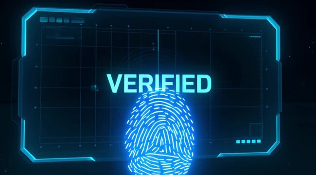 Futuristic biometric security system screen showing a glowing fingerprint scan for personal verification.
