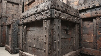 Fototapeta premium A stack of weathered, rough wooden crates with visible grain and metal studs, showing signs of age and use