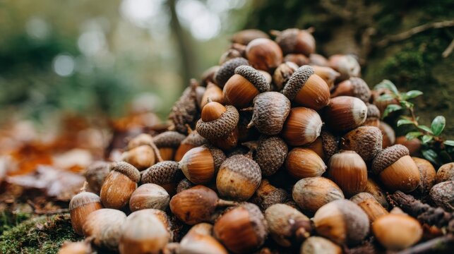 A bountiful pile of natural acorns with their distinctive caps, showcasing the rich texture of autumn's harvest in a woodland setting.