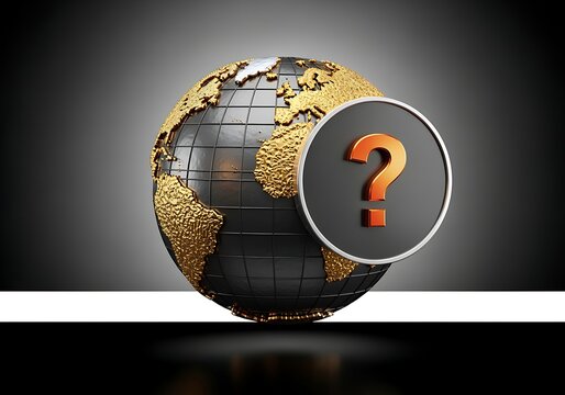 3d globe with gold continents and question mark on gray background  symbolizing global uncertainty and inquiry