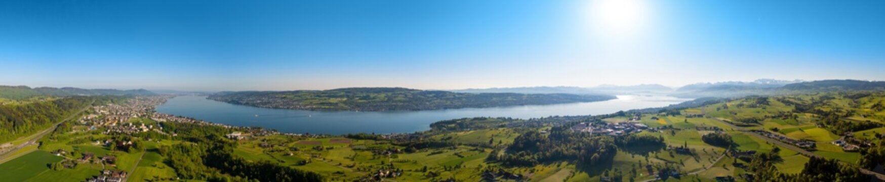 Aerial panorama of Lake Zurich, with views of Horgen and the Au Peninsula