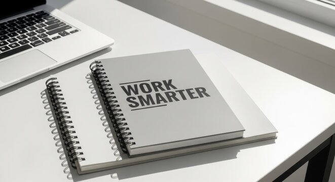 A Spiral Notebook with 'Work Smarter' Printed on its Cover Sitting on a Desk Next to a Laptop