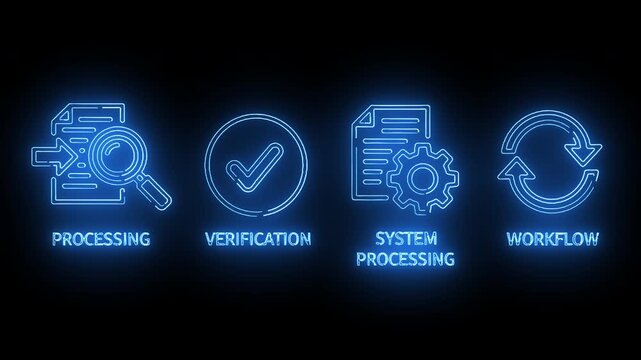 Glowing blue icons representing processing, verification, system processing, and workflow on a black background with neon-like effects.