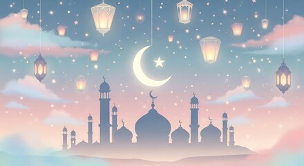 Serene Eid scene with a crescent moon, glowing lanterns, and a silhouetted mosque skyline against a dreamy pastel sky, a digital illustration.