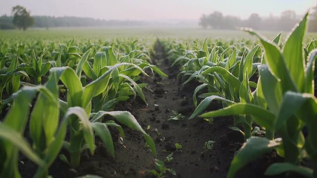 Dew-covered young corn plants in a field at sunrise Keywords: cornfield, young corn, seedlings