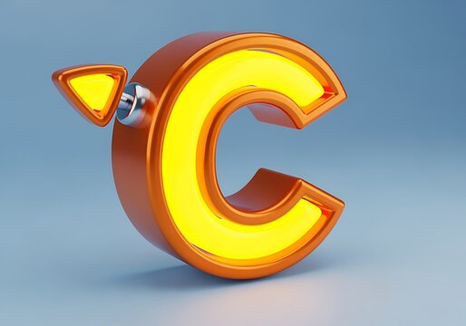 3D illustration of a large orange neon letter C with a warning triangle attached to it on a blue background