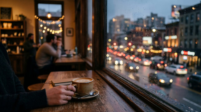 Contemplative coffee moment at window seat background cafe evening city view