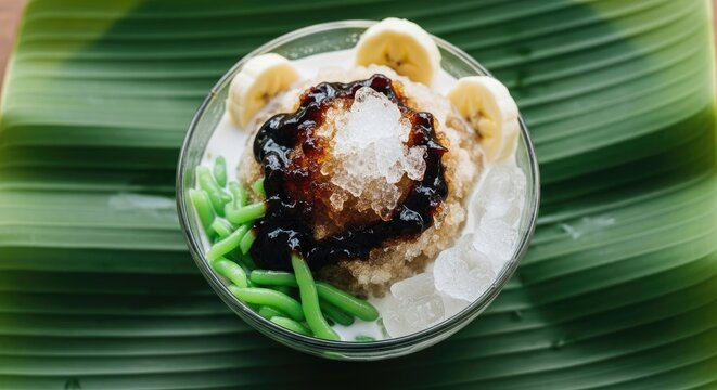 Delicious Cendol Dessert with Banana Slices.