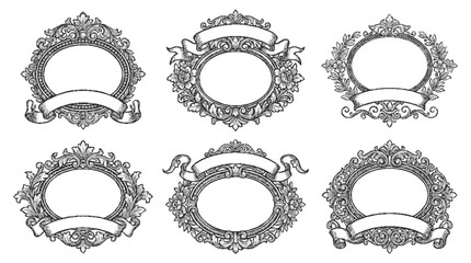 Obraz premium Victorian cameo frame set in ornate oval vector illustrations for design