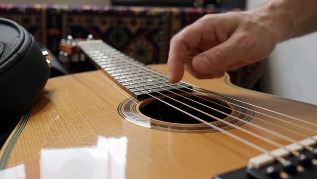 Close-up of a hand playing acoustic guitar, strings and soundhole visible.