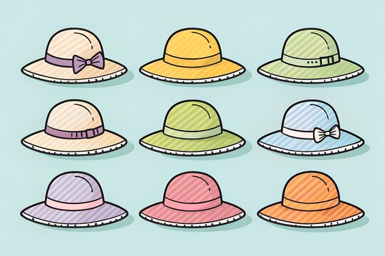 A delightful collection of nine vibrant cartoon-style summer hats featuring an array of pastel colors, including beige, yellow, light green, light blue, lavender, pink, and orange, each adorned with c