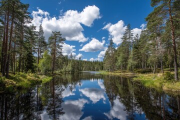 Forest lake reflecting puffy clouds and trees, under bright blue sky, sunny day