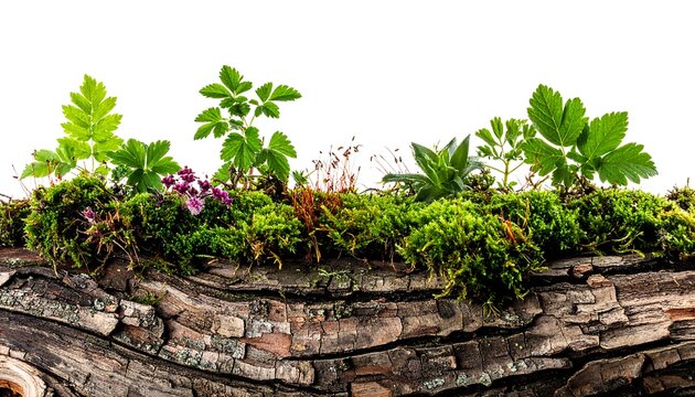 A close-up showcases a log section textured with bark, supporting a vibrant patch of moss and diverse small plants