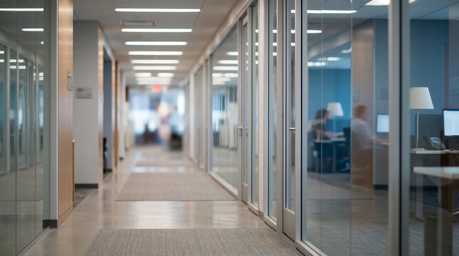 Blurred corridor office background with glass walls, distant worker, modern workspace view