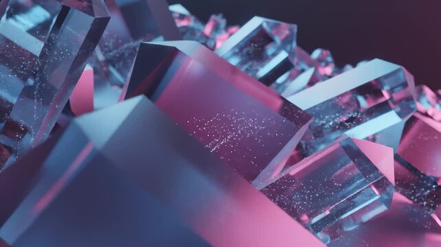Abstract Geometric Crystals With Pink and Blue Neon Lighting and Glitter Particles