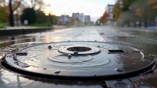 Close-up of a manhole cover with water and the city in the background.