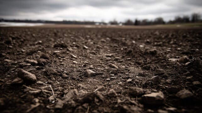 Rich Dark Soil Clods with Visible Organic Debris in an Agricultural Field Under Cloudy Skies