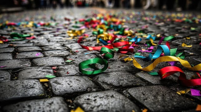 Discarded Colorful Confetti and Streamers Scattered on Cobblestone Street After a Festive Celebration