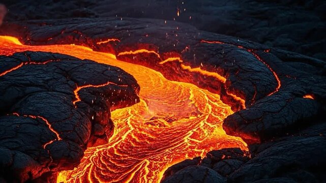 Molten lava flowing through rocks.