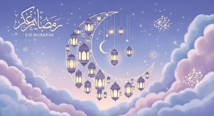 Magical Eid Mubarak scene with crescent moon, glowing lanterns, and fluffy clouds, digital painting, starry night, Islamic celebration, serene atmosphere, soft illumination