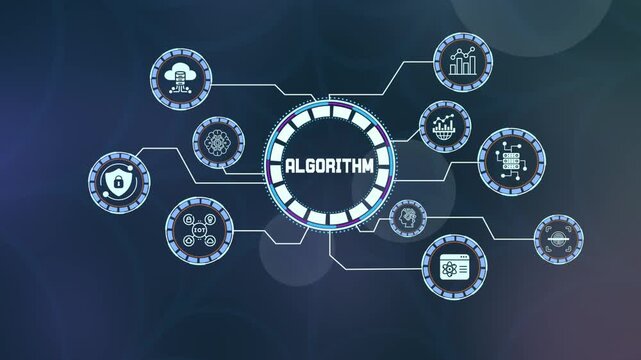 Complex mathematical algorithm processing with digital data flow and neural icons.