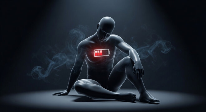 Human silhouette with low battery energy icon representing chronic fatigue.