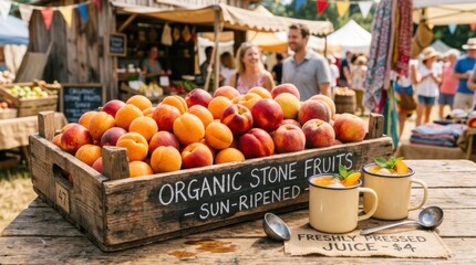 Abundant Organic Stone Fruits and Fresh Juice Display at Sunny Outdoor Market