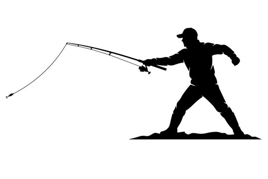 A simple vector design of a silhouette of a fisherman holding a fishing rod.