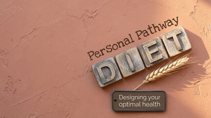 Rustic wooden blocks spelling the word DIET with a wheat stalk and phone displaying health advice