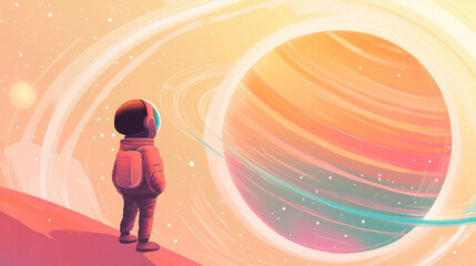 Obraz premium Bright cartoon illustration of a child looking at rainbow-colored planetary rings. Friendly style, pastel colors, and copy space make it suitable for kids materials