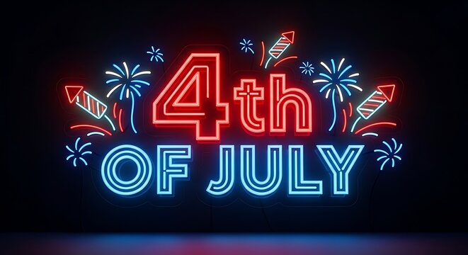 Vibrant 4th of july independence day neon sign with fireworks celebrating american freedom and patriotism on july 4th