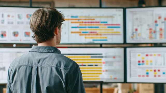 Strategic Insights: A professional in the technology industry deeply focused on analyzing multiple screens filled with data, showcasing innovation, precision and digital solutions.