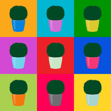 Seamless floral pattern green topiary plants in colorful pots on squares, vector eps 10