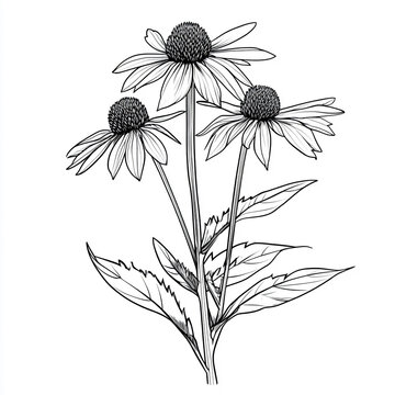Botanical line art illustration of echinacea plant. Thin black outline isolated on white background. Minimal herbal drawing for stock
