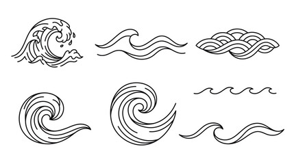 Fototapeta premium Ocean waves line art collection, japanese style water ripples and sea splashes set
