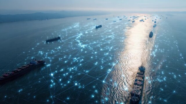Naval Connectivity: Aerial vista of cargo ships, interconnected by a digital network, navigating the open sea, symbolizing global trade and advanced technology.