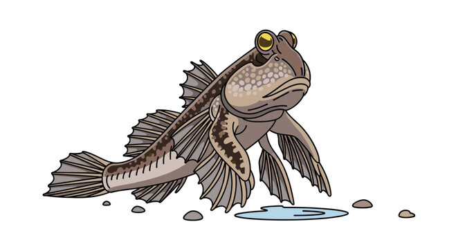 Unique mudskipper fish, an amphibious creature with prominent eyes and strong pectoral fins, moving on land near a water puddle.