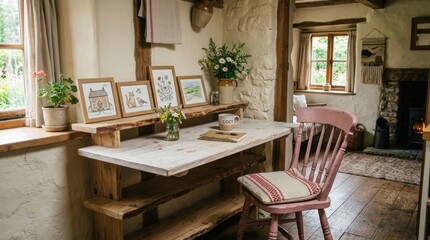 Fototapeta premium Cozy Rustic Cottage Interior with Wooden Table and Floral Art