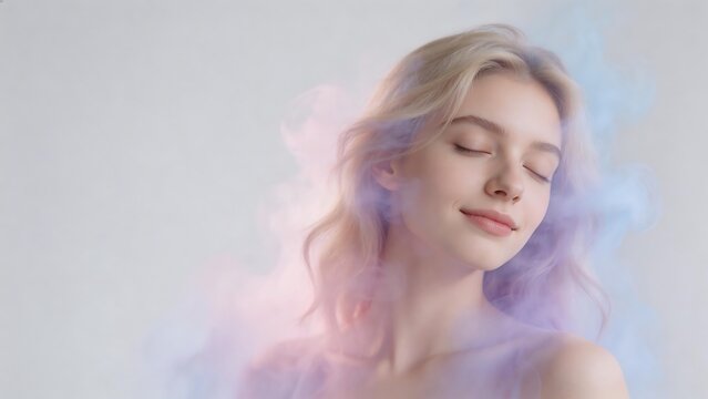 Woman with closed eyes surrounded by colorful smoke