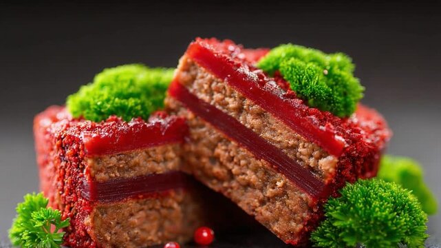 Delectable Layered Delight: Close-up of artfully crafted layered dessert with vibrant red and brown layers, adorned with verdant accents, capturing the essence of culinary artistry.