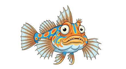 Fototapeta premium Fantastically colorful dragonet fish, displaying vibrant orange and blue patterns, large bulging eyes, and spiky fins, swimming playfully.