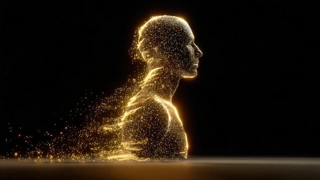 Ephemeral Soul: An ethereal vision of a human figure dissolving into a stream of particles against a dark background, the representation of transience and the essence of existence.