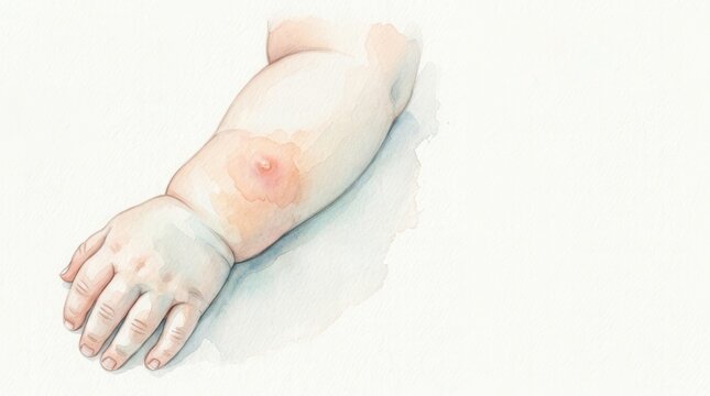 Watercolor illustration of an infant's arm with an inflamed mosquito bite or insect sting. Concept for pediatric dermatology, skin allergy, and childhood medical care. Artistic drawing with copy space