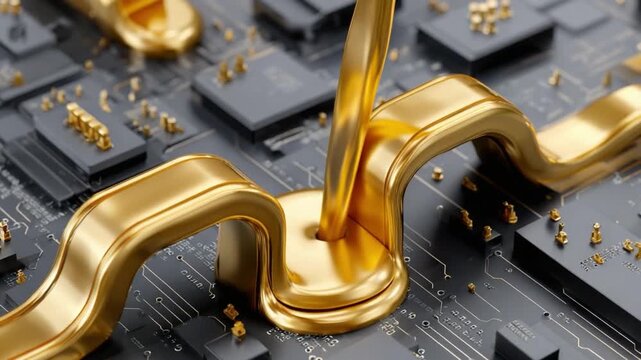 Golden Circuitry Unveiled: A captivating close-up captures the intricate details of a sophisticated computer circuit, bathed in the warmth of gold.